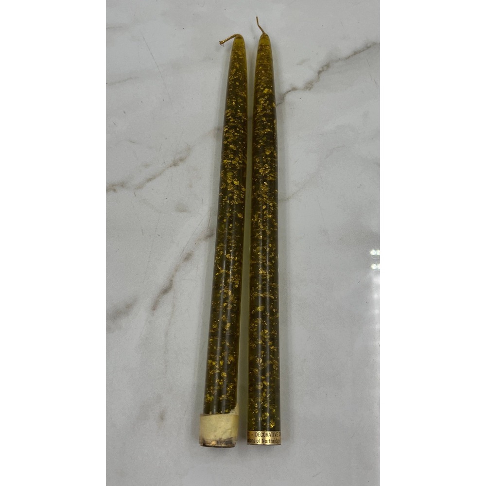 VTG Lucite Acrylic Clear Green Gold Flake 12" Taper Candle Pair Mid Century Mod